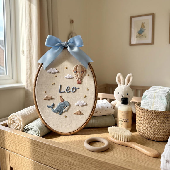 Personalized Whale & Hot Air Balloon Nursery Hoop Wall Art for Baby
