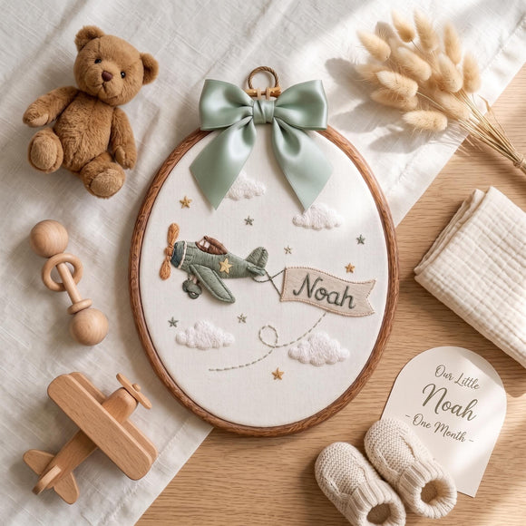 Custom Airplane Name Oval Embroidery Hoop Nursery Wall Art Baby Gift