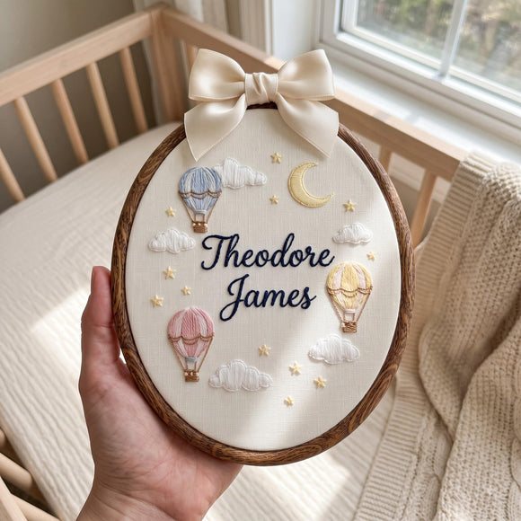 Hot Air Balloon Baby Name Hoop | Nursery Wall Art for Newborns