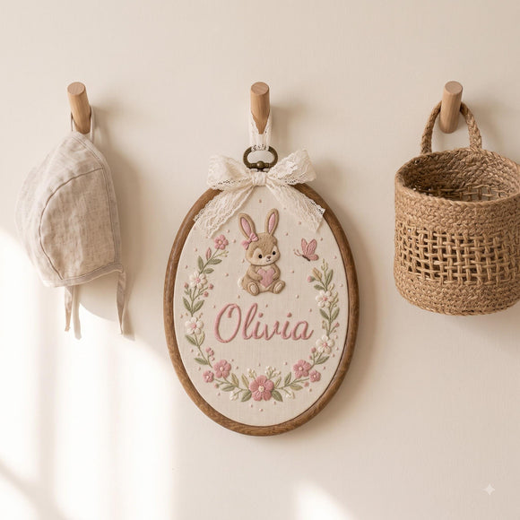 Custom Bunny Embroidery Oval Hoop Nursery Wall Decor Baby Girl Gift