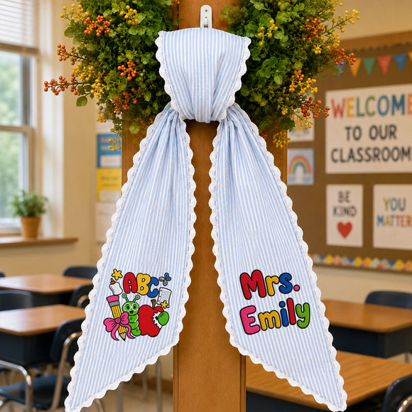 Personalized Teacher Wreath Sash Gingham Lace Classroom Decor Ribbon