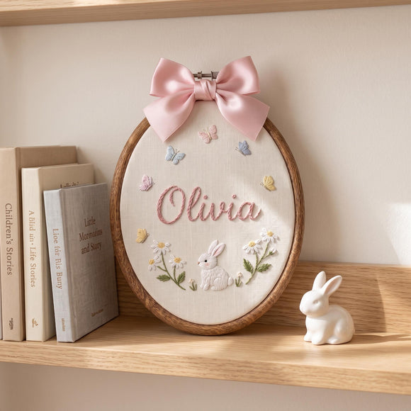 Custom Bunny Floral Embroidered Hoop Nursery Wall Decor Baby Girl Gift