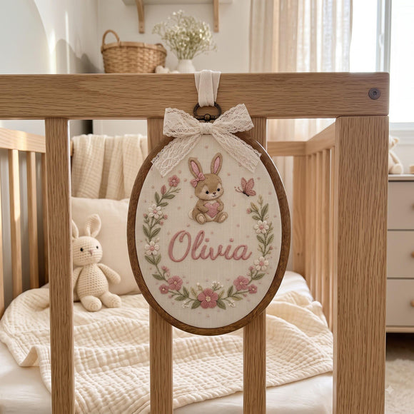 Custom Bunny Embroidery Oval Hoop Nursery Wall Decor Baby Girl Gift