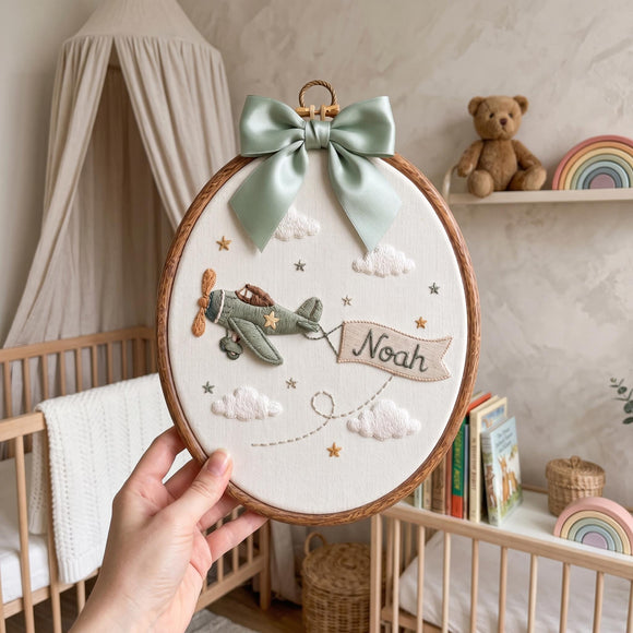 Custom Airplane Name Oval Embroidery Hoop Nursery Wall Art Baby Gift