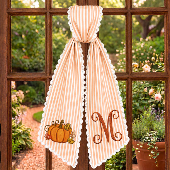 Custom Monogram Fall Pumpkin Stripe Wreath Sash Front Door Decor Host Gift
