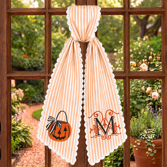 Monogrammed Orange Striped Pumpkin Wreath Sash Decor for Homeowners