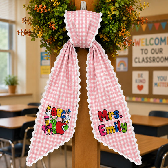 Personalized Teacher Wreath Sash Gingham Lace Classroom Decor Ribbon