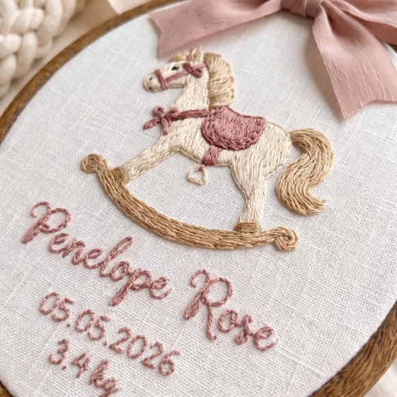 Custom Rocking Horse Embroidered Hoop Baby Girl Nursery Wall Decor