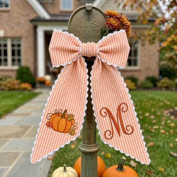 Custom Monogram Fall Pumpkin Stripe Wreath Sash Front Door Decor Host Gift