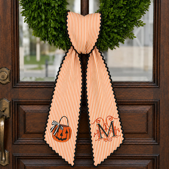 Monogrammed Orange Striped Pumpkin Wreath Sash Decor for Homeowners