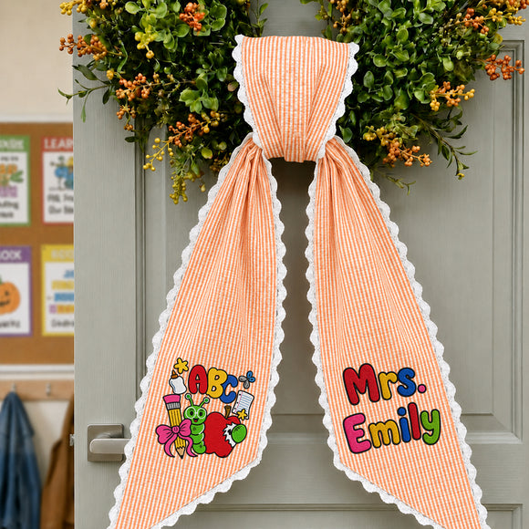 Personalized Teacher Wreath Sash Gingham Lace Classroom Decor Ribbon