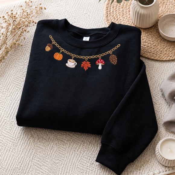 Embroidered Fall Charm Necklace Sweatshirt for Women Cozy Autumn Gift
