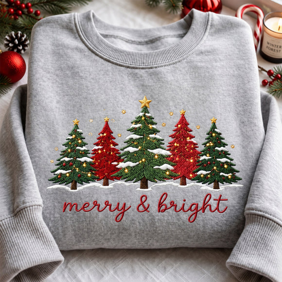 Embroidered Merry & Bright Tree Shirt | Cozy Holiday Apparel for Women
