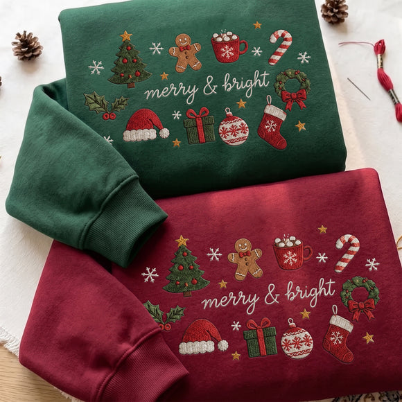 Embroidered Merry Bright Christmas Sweatshirt Cozy Holiday Gift Women