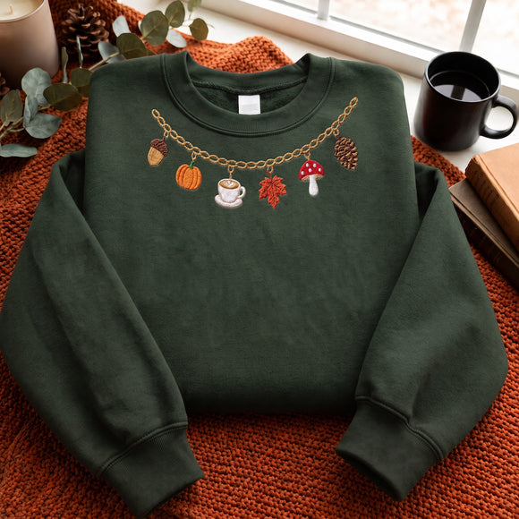 Embroidered Fall Charm Necklace Sweatshirt for Women Cozy Autumn Gift