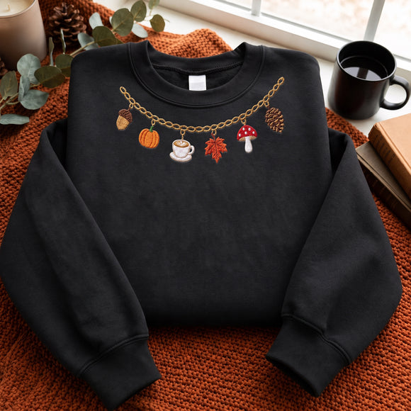 Embroidered Fall Charm Necklace Sweatshirt for Women Cozy Autumn Gift
