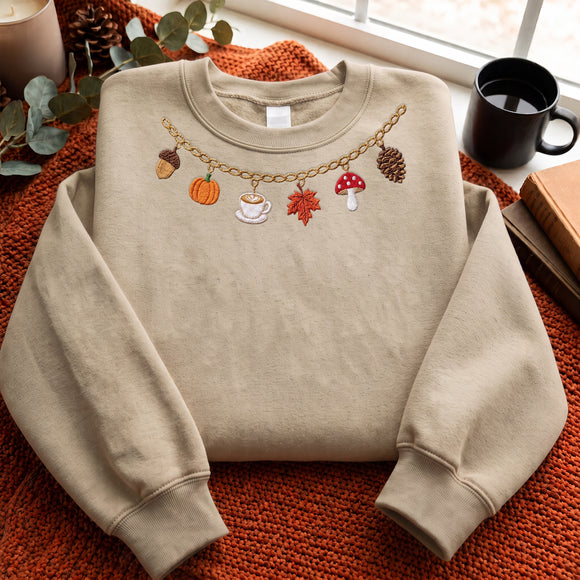 Embroidered Fall Charm Necklace Sweatshirt for Women Cozy Autumn Gift