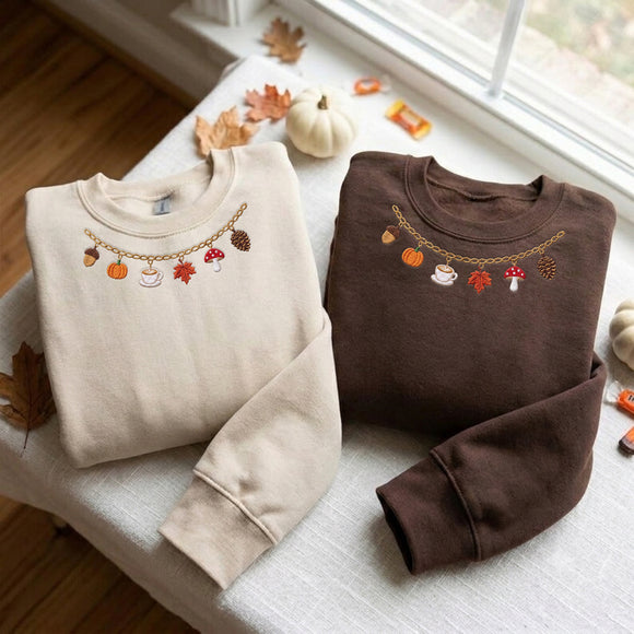 Embroidered Fall Charm Necklace Sweatshirt for Women Cozy Autumn Gift