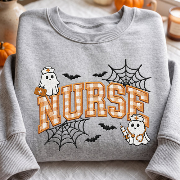 Ghost Nurse Embroidered Halloween Sweatshirt Cozy Apparel Medical Gift