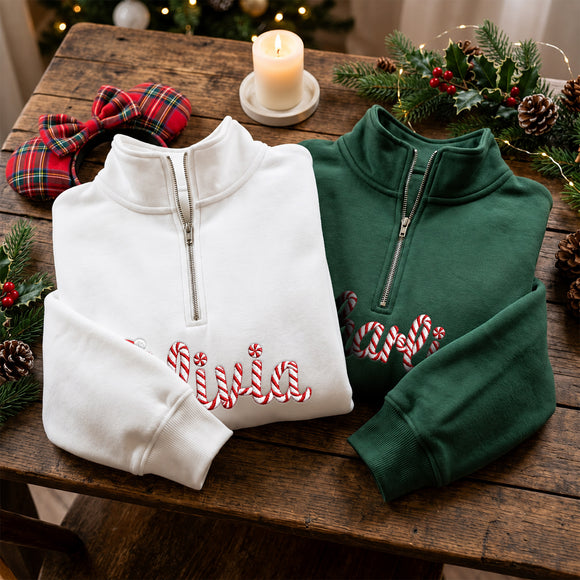 Personalized Candy Cane Embroidered Xmas Name Sweatshirt Family Gift