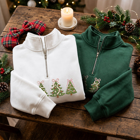 Embroidered Pink Bow Christmas Trees Festive Holiday Wear Women Youth