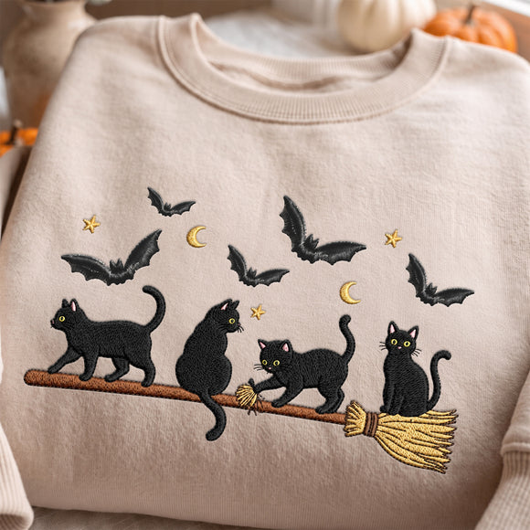Embroidered Black Cat Broomstick Spooky Halloween Outfit For Women