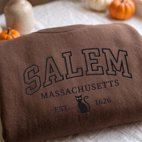 Salem Mass Black Cat Embroidered Pullover | Cozy Autumn Gift for Women