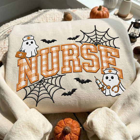 Ghost Nurse Embroidered Halloween Sweatshirt Cozy Apparel Medical Gift