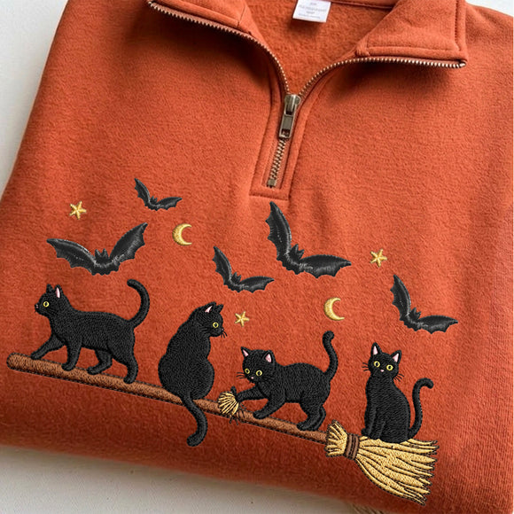Embroidered Black Cat Broomstick Spooky Halloween Outfit For Women