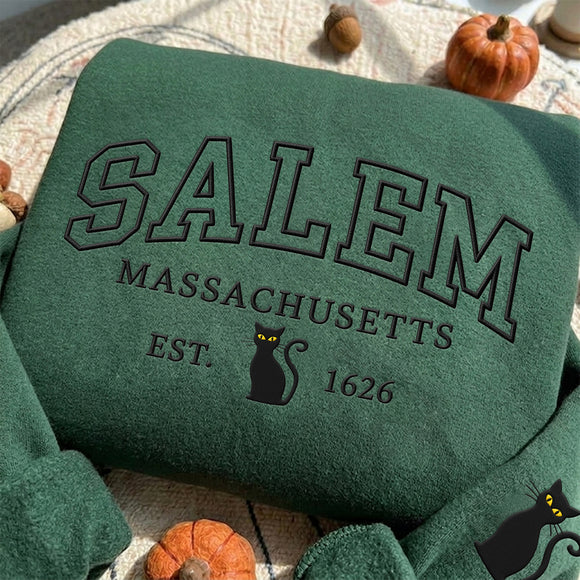 Salem Mass Black Cat Embroidered Pullover | Cozy Autumn Gift for Women