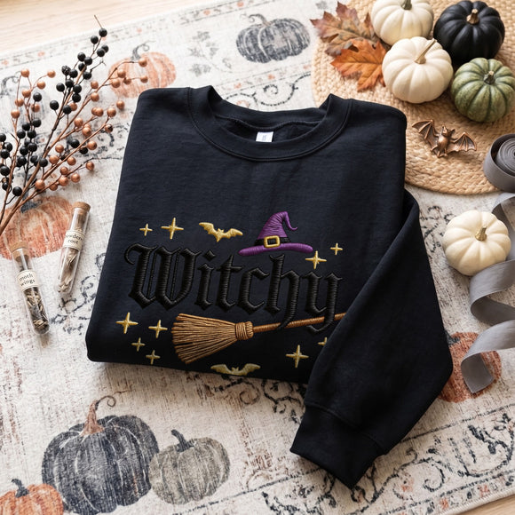 Embroidered Witchy Broom Cozy Fall Wear Halloween Lovers Sweatshirt