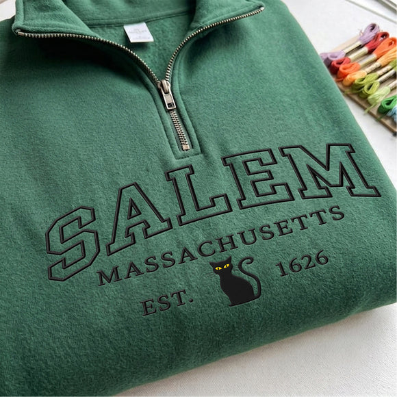 Salem Mass Black Cat Embroidered Pullover | Cozy Autumn Gift for Women