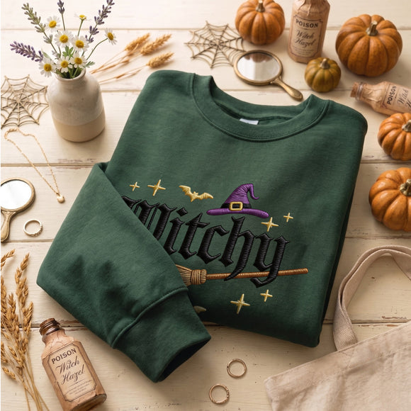 Embroidered Witchy Broom Cozy Fall Wear Halloween Lovers Sweatshirt