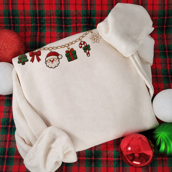 Embroidered Xmas Charm Necklace Cozy Holiday Sweatshirt Women Gift