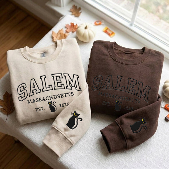 Salem Mass Black Cat Embroidered Pullover | Cozy Autumn Gift for Women
