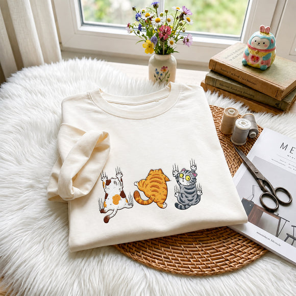 Embroidered Scratching Cats Shirt | Casual Wear Gift for Animal Lovers
