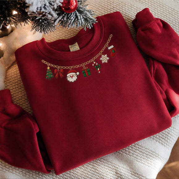Embroidered Xmas Charm Necklace Cozy Holiday Sweatshirt Women Gift