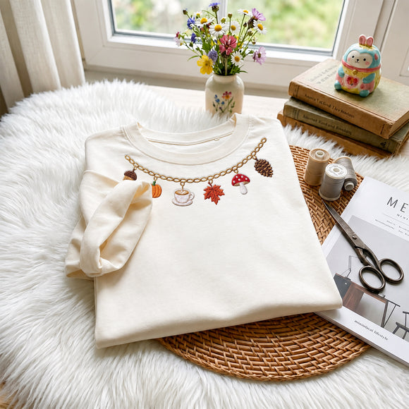 Embroidered Fall Charm Necklace Sweatshirt for Women Cozy Autumn Gift