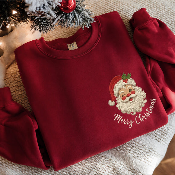 Vintage Embroidered Santa Sweatshirt Cozy Christmas Holiday Family Gift