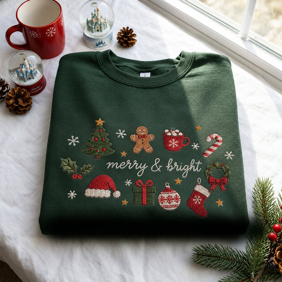 Embroidered Merry Bright Christmas Sweatshirt Cozy Holiday Gift Women