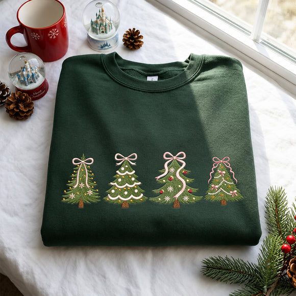 Embroidered Pink Bow Christmas Trees Festive Holiday Wear Women Youth
