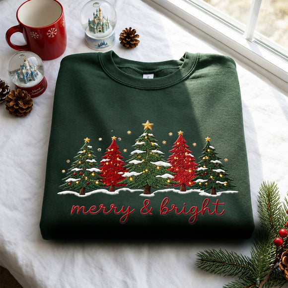 Embroidered Merry & Bright Tree Shirt | Cozy Holiday Apparel for Women