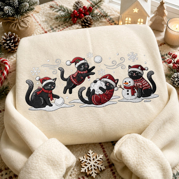 Embroidered Black Cat Christmas Sweatshirt Holiday Gift For Pet Lovers