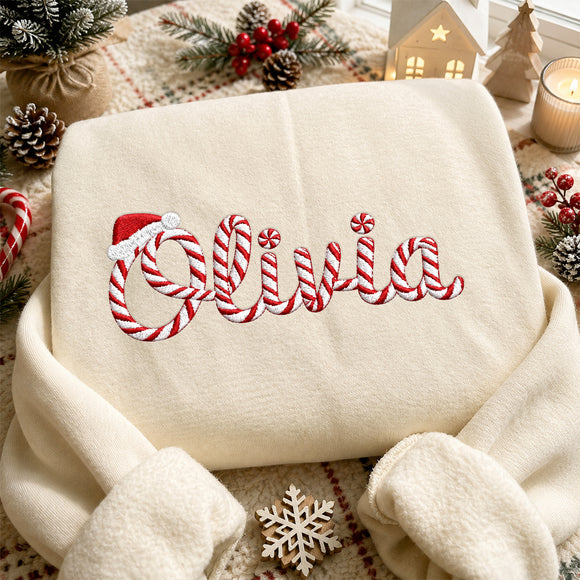 Personalized Candy Cane Embroidered Xmas Name Sweatshirt Family Gift