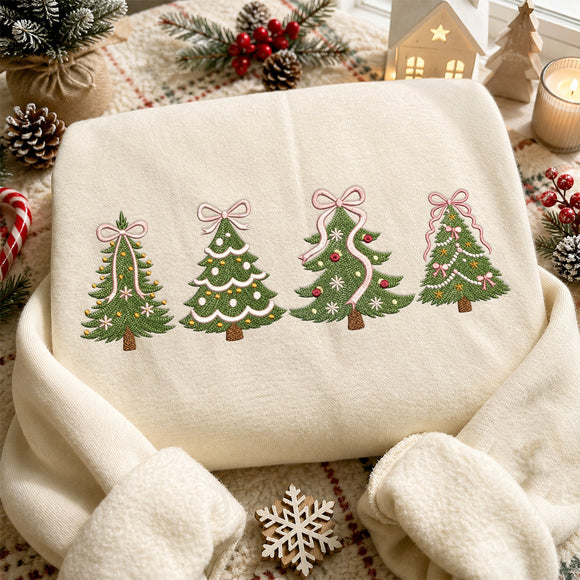 Embroidered Pink Bow Christmas Trees Festive Holiday Wear Women Youth
