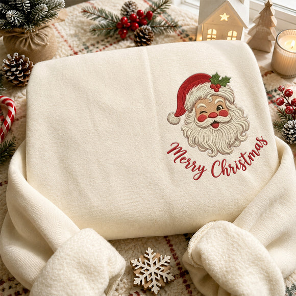 Vintage Embroidered Santa Sweatshirt Cozy Christmas Holiday Family Gift