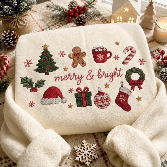 Embroidered Merry Bright Christmas Sweatshirt Cozy Holiday Gift Women
