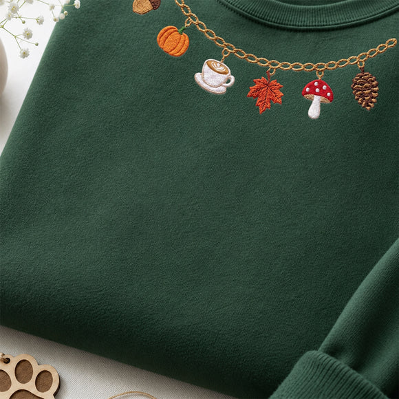 Embroidered Fall Charm Necklace Sweatshirt for Women Cozy Autumn Gift