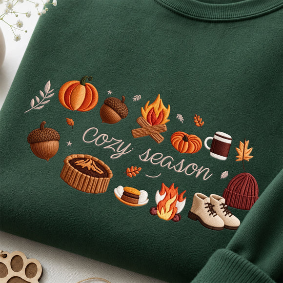Cozy Season Embroidered Sweatshirt Warm Fall Gift for Autumn Lovers