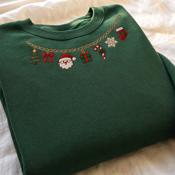 Embroidered Xmas Charm Necklace Cozy Holiday Sweatshirt Women Gift